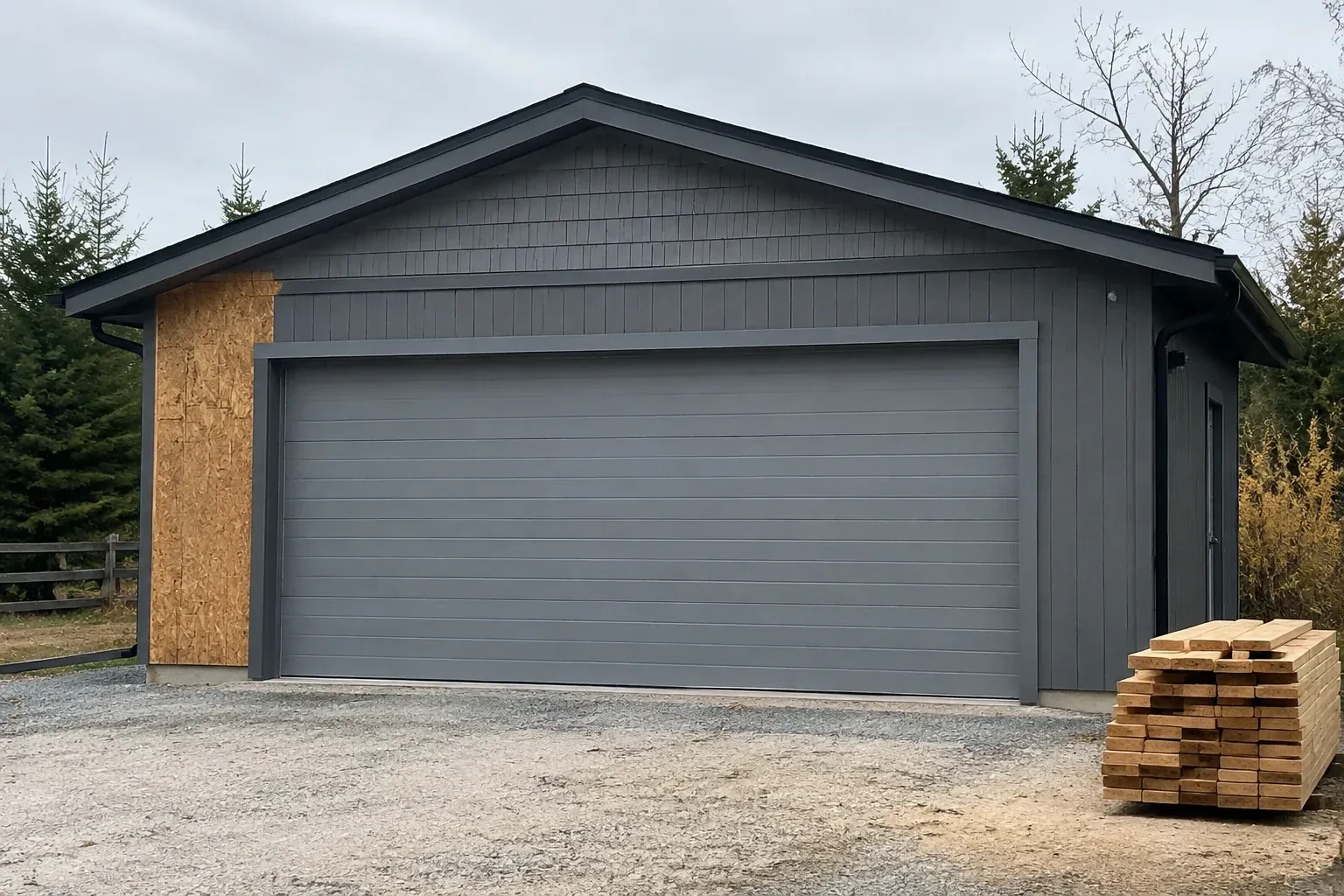 Closed grey garage door on a partly finished building beside stacked lumber. — New-Construction Garage Door Installation, Hamilton