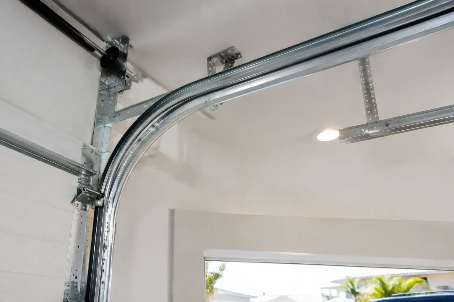 Curved galvanized steel track bending from the vertical door track into the ceiling, with perforated brackets and a recessed light. — Garage Door Track Repair or Replacement, Hamilton