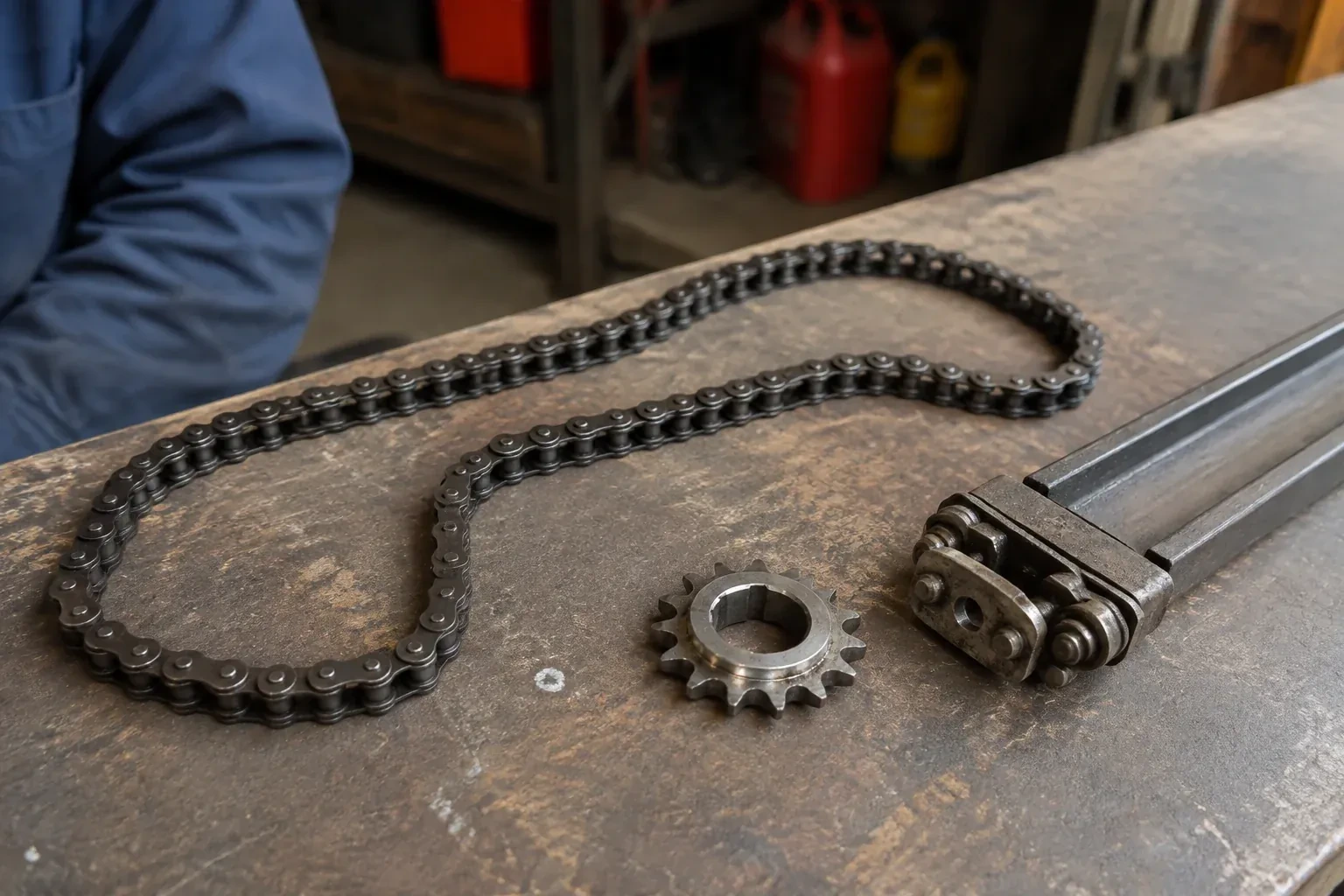 A detached metal roller chain, toothed sprocket and rail component rest on a worn garage workbench. — Chain-Drive Opener Repair, Hamilton