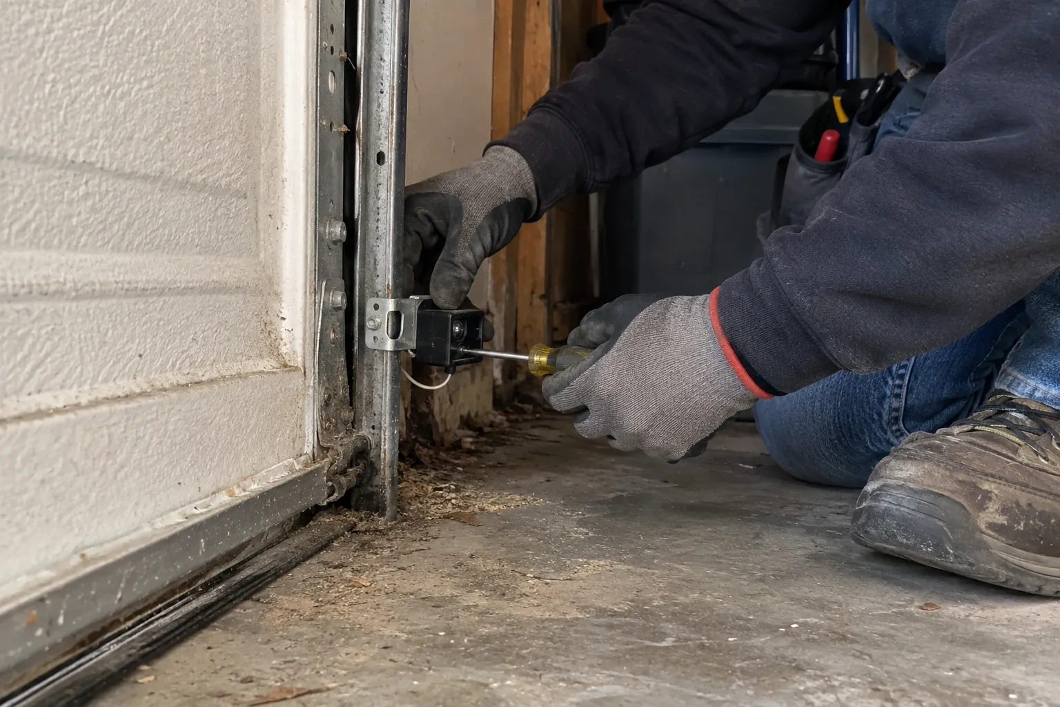 Gloved hands using a yellow-handled screwdriver to fasten a small black sensor to a vertical metal track beside a white door panel. — Photo-Eye Sensor Alignment or Replacement, Hamilton
