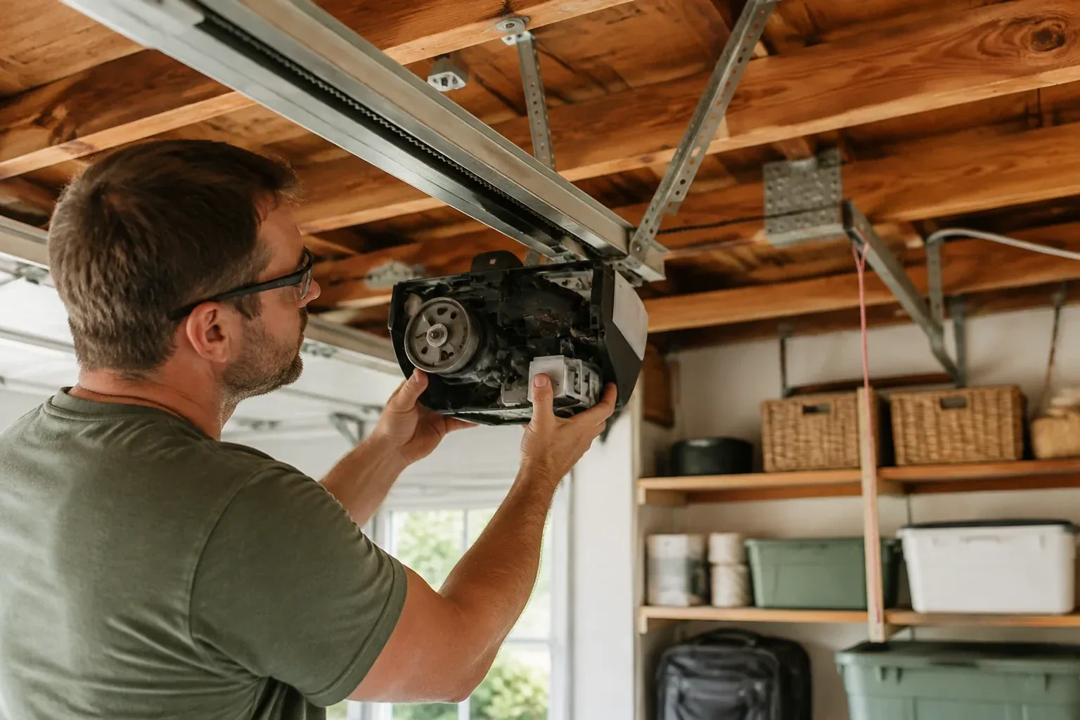 Person in a green shirt and glasses holding an opened opener housing that shows a gear, under wooden ceiling joists. — Belt-Drive Opener Repair, Hamilton