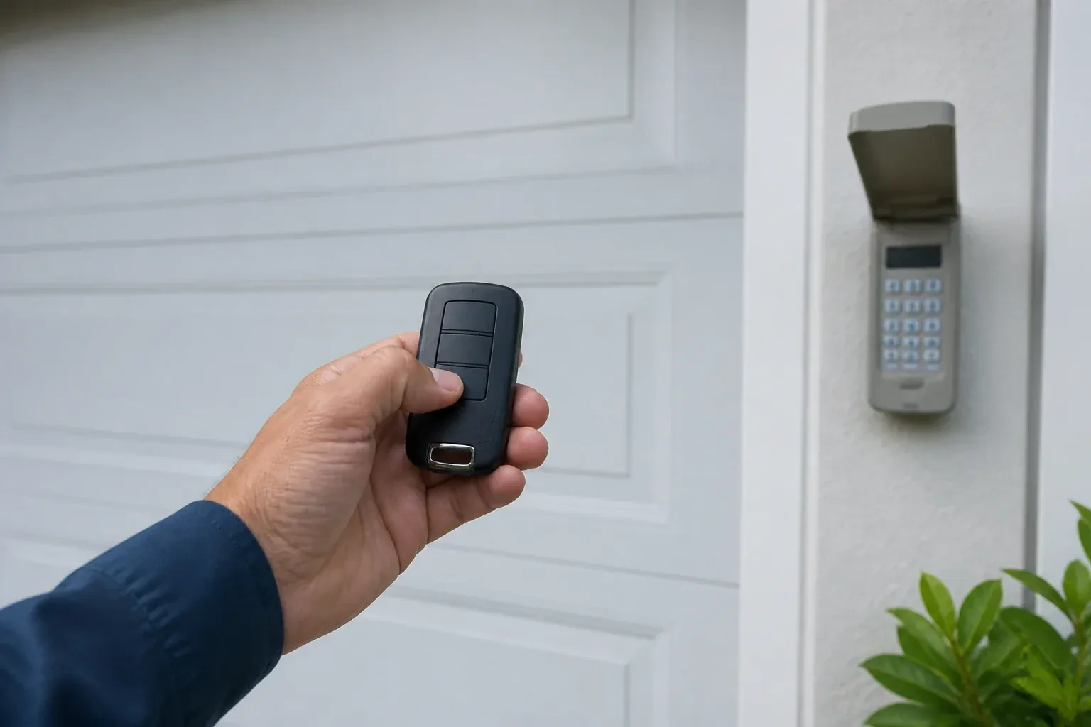 Hand holding a black three-button remote in front of a white paneled door, with a wall keypad and open cover at right. — Garage Door Remote and Keypad Programming, Hamilton