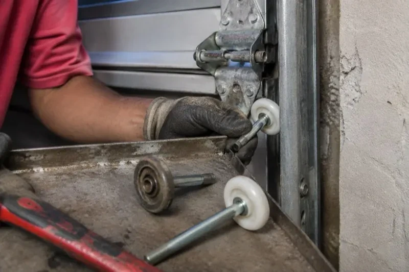 Gloved hand holding a white garage-door roller beside its track, with two loose rollers and a red tool on a tray. — Garage Door Roller Replacement, Hamilton