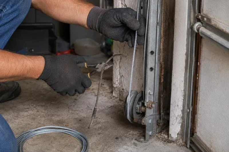 Gloved hands holding a bright cable and pliers gripping a frayed cable beside a garage-door track and pulley. — Garage Door Cable Replacement, Hamilton