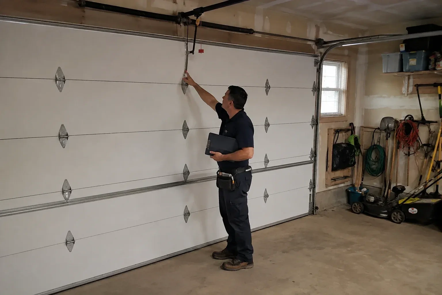 A person holding a clipboard examines the interior hardware of a closed garage door. — Garage Door Tune-Up, Hamilton