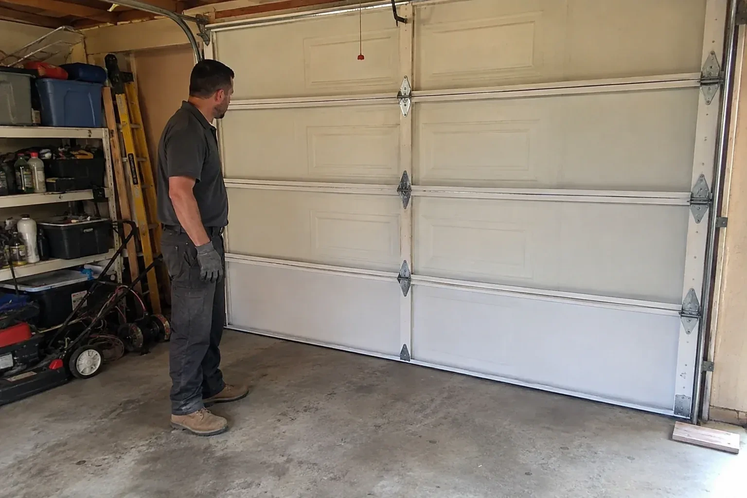 A person examines the interior panels and hinges of a closed sectional garage door. — Garage Door Panel Replacement, Hamilton
