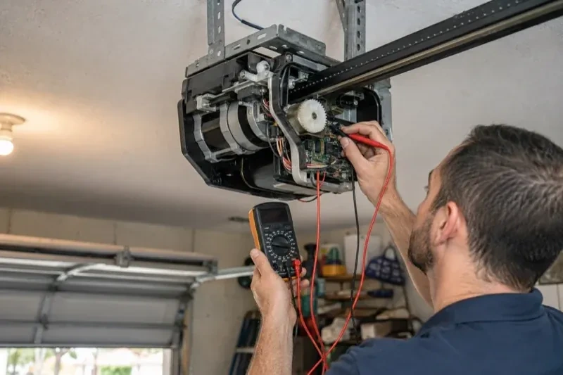 Person holding a multimeter and a red probe near the exposed circuit board of an overhead garage-door opener. — Garage Door Opener Diagnosis and Repair, Hamilton