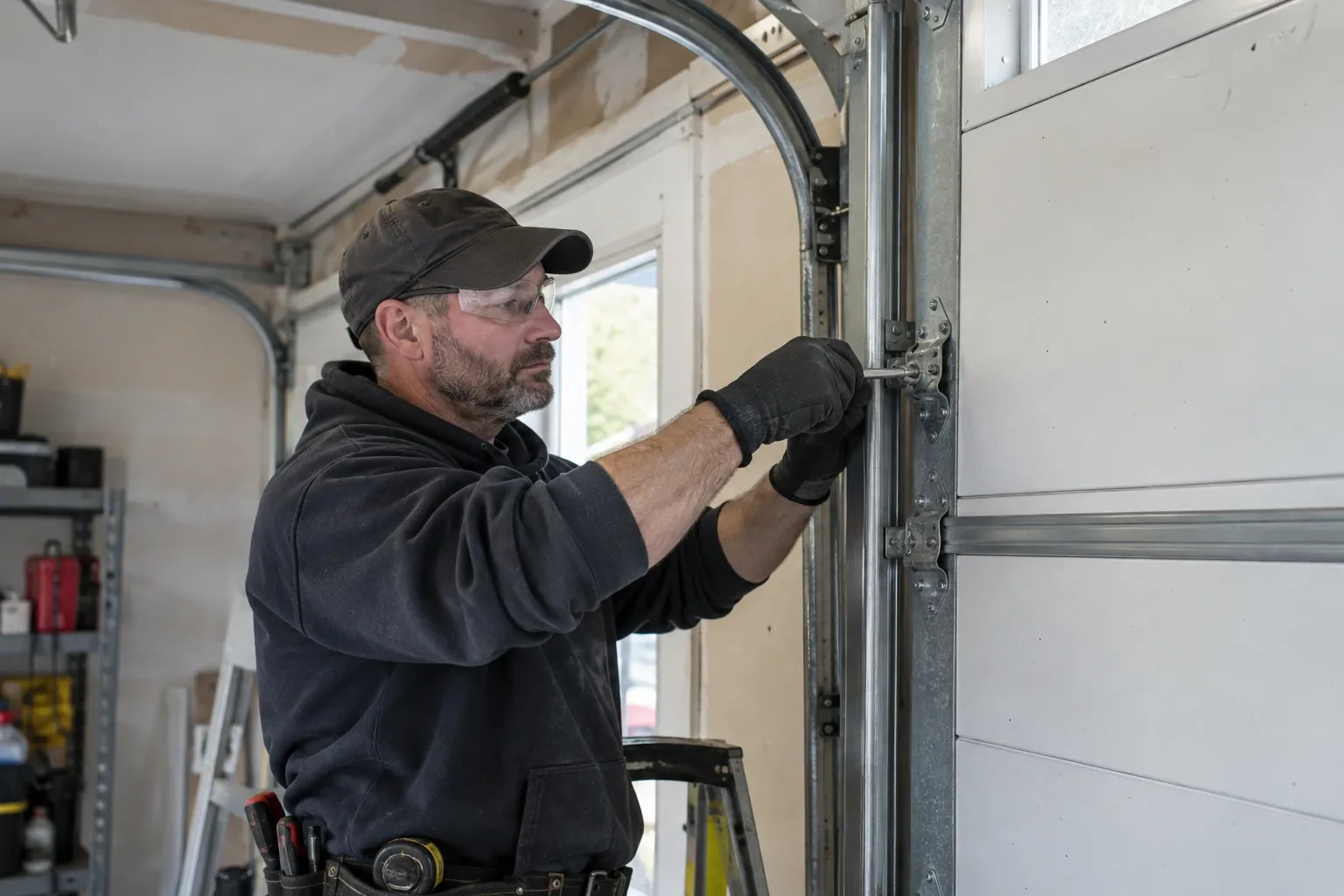 Technician in a dark cap and safety glasses holding a small metal tool against a hinge bracket on the vertical door track.
