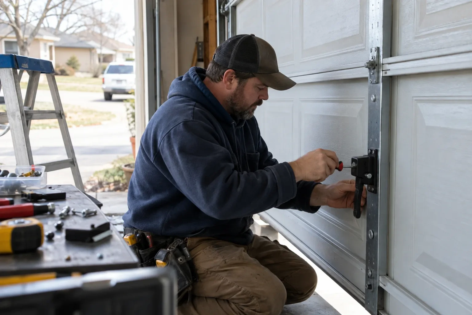 Technician kneeling at a white garage door, turning a screwdriver on a black handle latch mounted on a vertical steel strip.